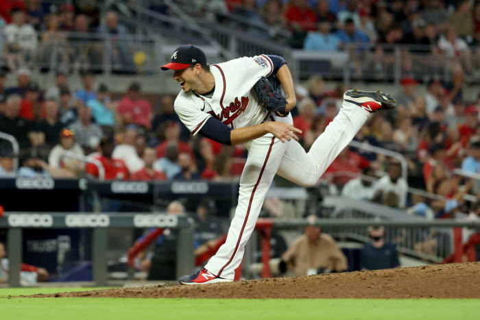 Jun 17, 2021; Atlanta, Georgia, USA; Atlanta Braves starting pitcher Charlie Morton (50) delivers a pitch against a St. Louis Cardinals batter during the eighth inning at Truist Park. Mandatory Credit: Jason Getz-USA TODAY Sports